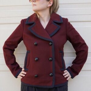 J Crew Italian Wool Burgundy Navy Tipped Peacoat Jacket blazer size T2